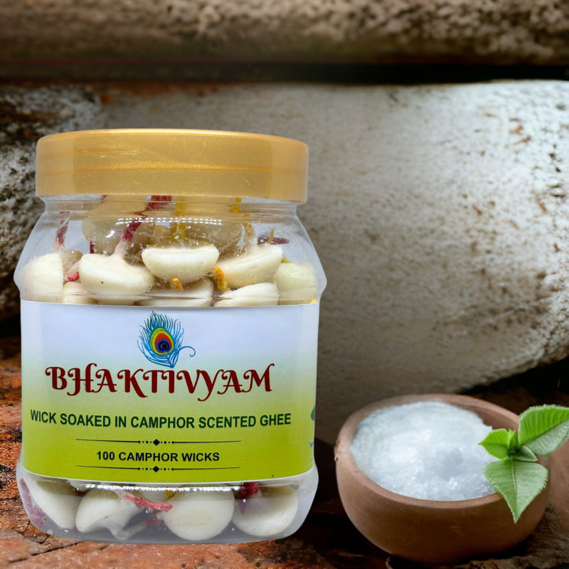 Bhaktivyam Special Camphor Ghee Wicks  Fine Quality, 30min Burning Time (Pack Of 100 Pieces) Handmade, Wax Free, Round Shape Ghee Wicks For Pooja, Pack Of 2 (200 Pieces)