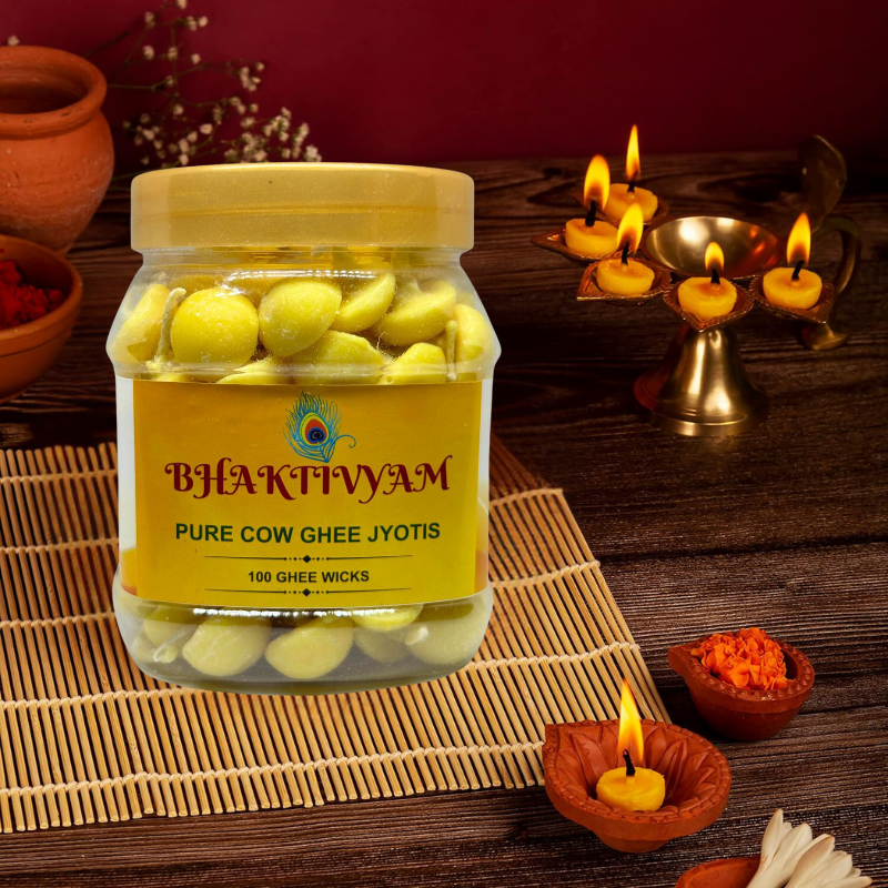 Bhaktivyam Pure Cow Ghee Diya with Batti Pack of 100 Diyas | Pooja Room Items for Home | Wax Free | Ghee Wicks for Prayers, Rituals & Special Occasions | 30 mins Burning Time | Pack Of 2