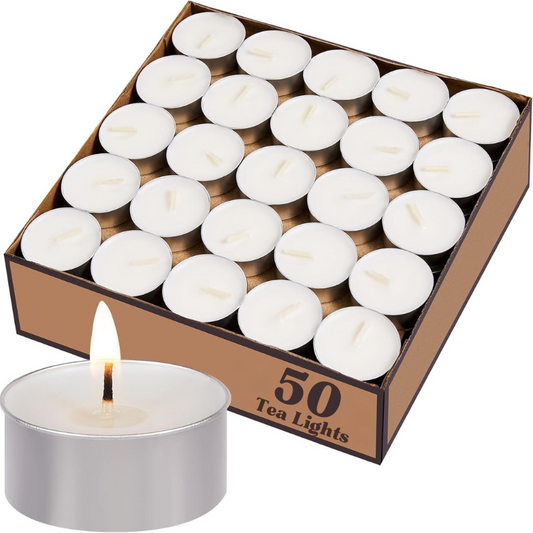 Bhaktivyam  4.5hr-50 Pcs Long Burning Tea Light Candles Unscented, Smokeless, Dripless, White Tea Lights Candles for Wedding, Holiday, Shabbat or Emergency 4 Hour Long Lasting Tealight Candles Wax Candle White