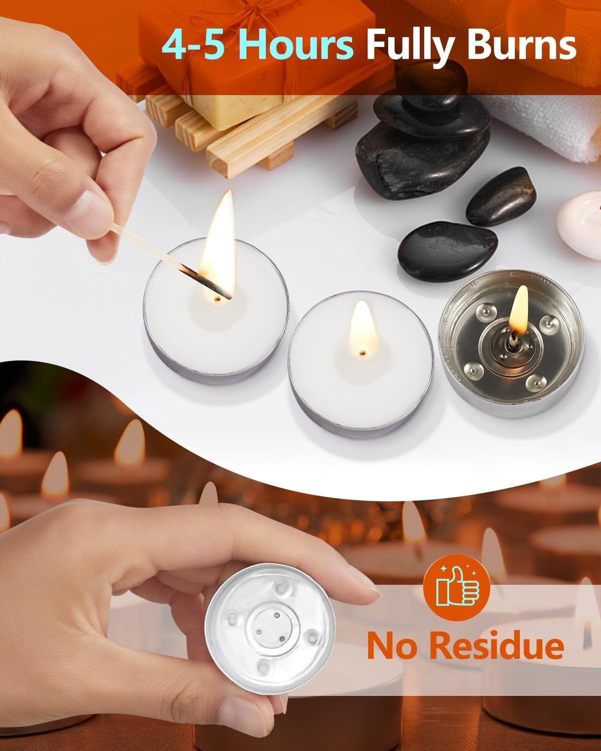 Bhaktivyam  4.5hr-50 Pcs Long Burning Tea Light Candles Unscented, Smokeless, Dripless, White Tea Lights Candles for Wedding, Holiday, Shabbat or Emergency 4 Hour Long Lasting Tealight Candles Wax Candle White