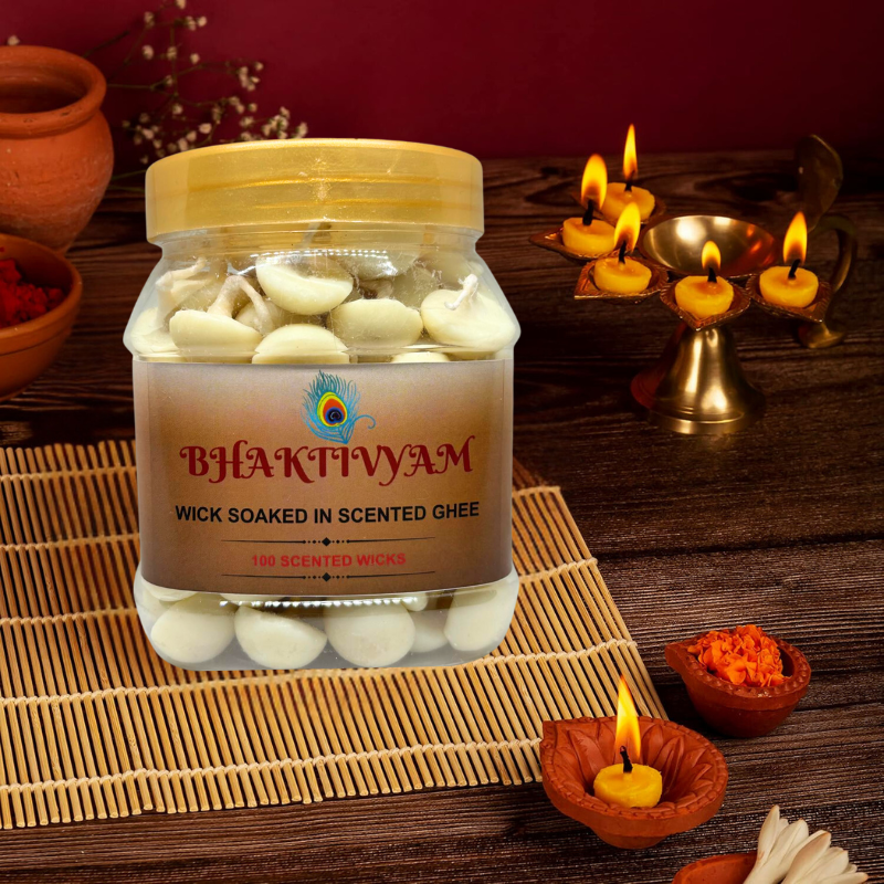 Bhaktivyam Scented Ghee Diya/Wicks for Pooja | Wax Free Ghee Batti for Pooja | Readymade Ghee Diya batti | Pack Of 2